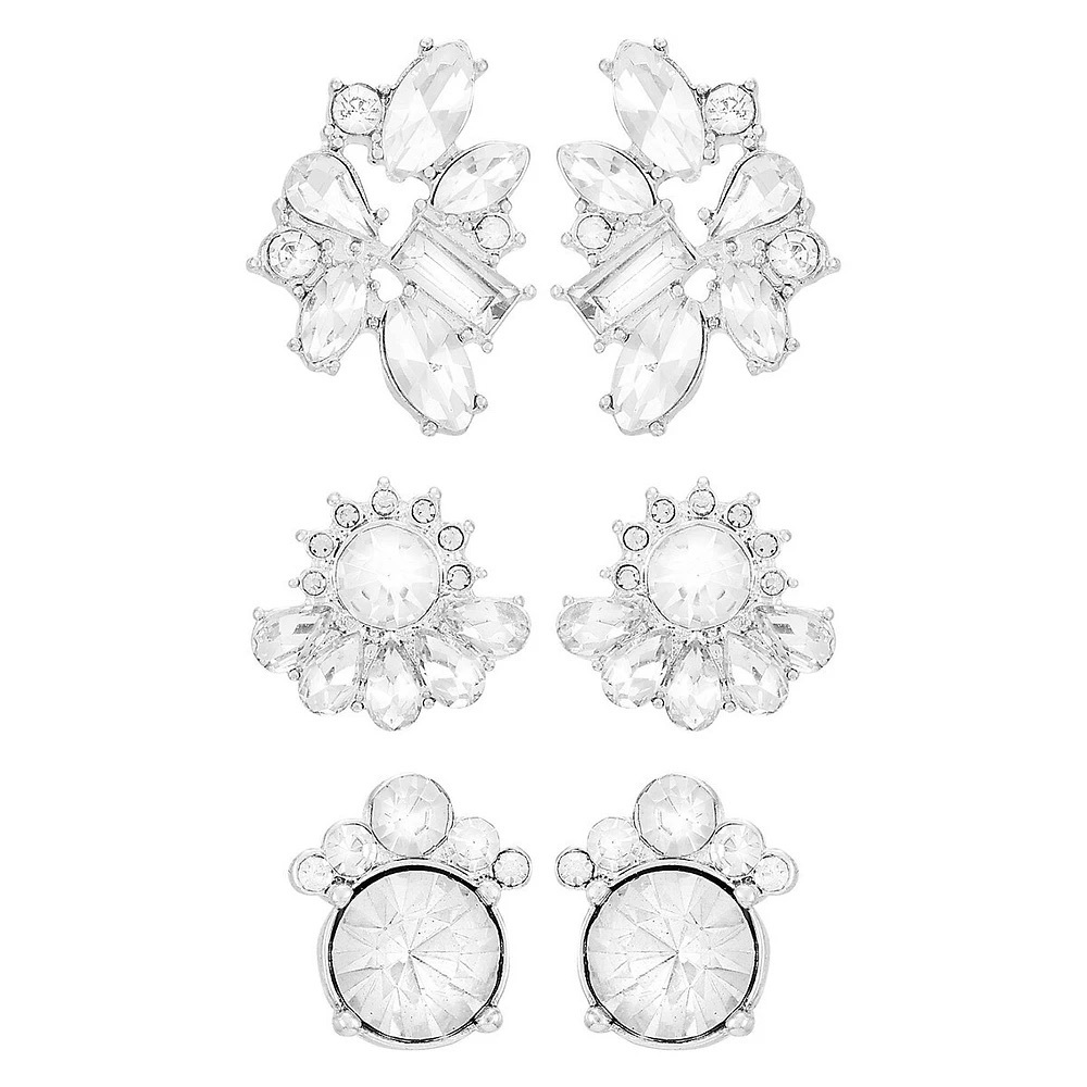 Glass Crystal & Silvertone 3-Pair Stud Earring Set